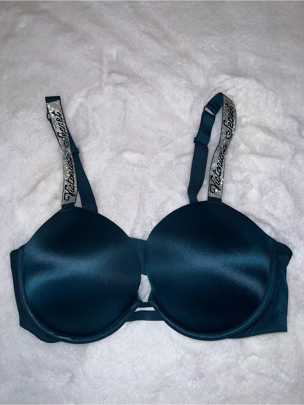 Victoria's Secret Teal Satin Padded Bra with Rhinestone Logo Straps